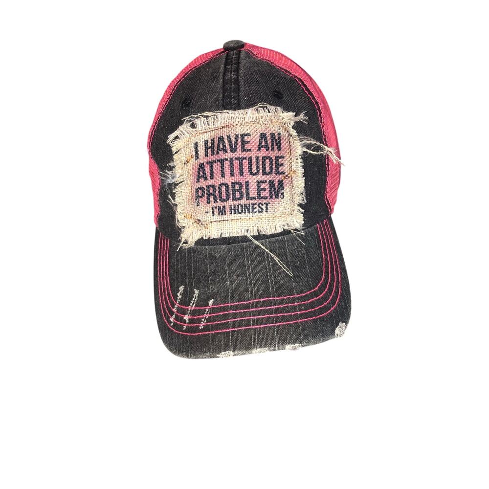 Womens Trucker Hat Ponytail Slot Pink Gray Attitude Problem Gaphic Distressed